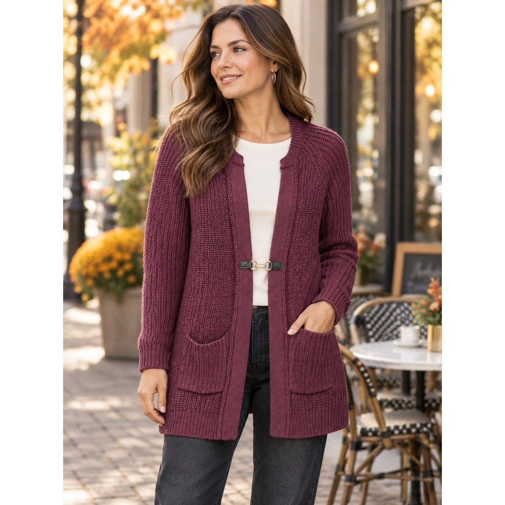 LOFT Burgundy Chunky Knit Open Cardigan Toggle Clasp Pockets Large Fall Layer
